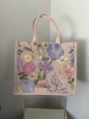 Floral Embroidered Pink Tote Bag